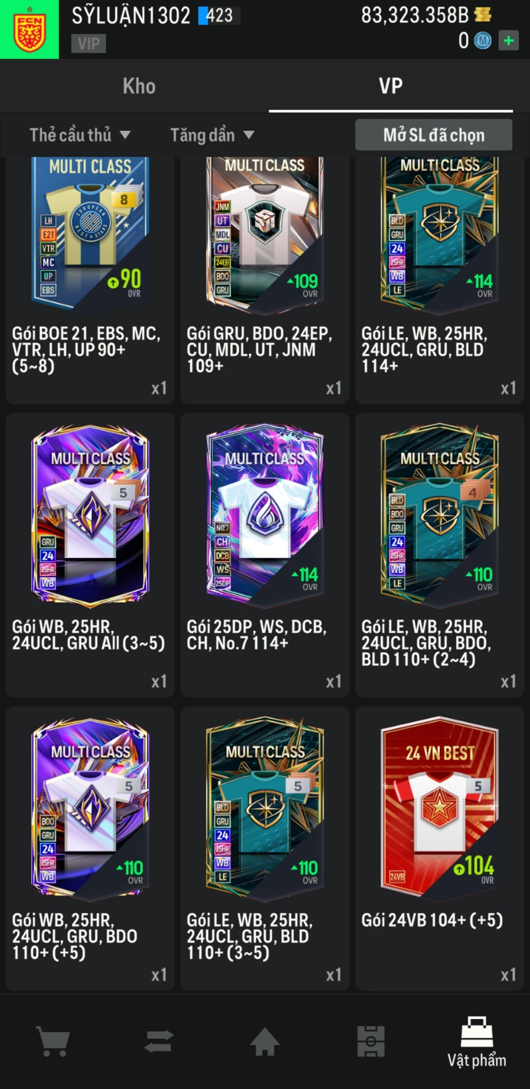 Ảnh ACC mở thẻ (LOẠI SVIP PROMAX) bao gồm có 01 thẻ +12, 03 thẻ PRIME (QH+, CP+, XS+) và hơn 1600+ đến 3500+ thẻ cầu thủ từ Siêu sao đến Miền núi các loại. Acc có sẵn BP trắng từ 55.000 tỷ BP đến 90.000 tỷ BP